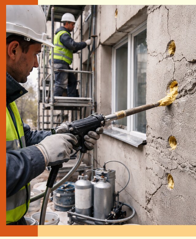 Заполнение пустот в фасаде и утепление стен в Шуе